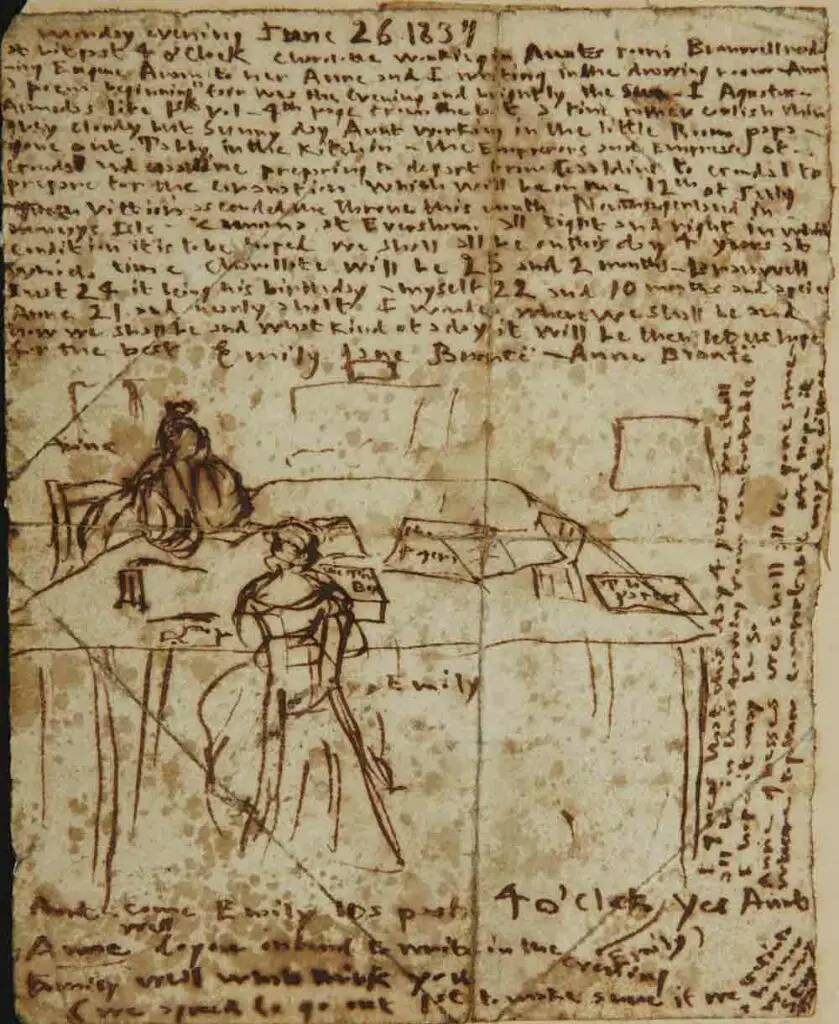 Emily Brontë's diary paper for June 26, 1837, showing herself and Anne working at the dining room table