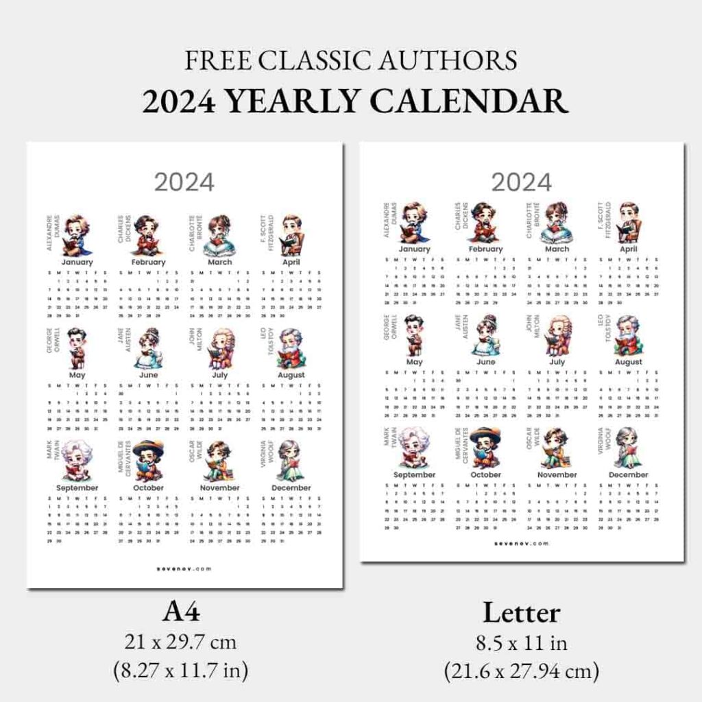 Free Classic Authors 2024 Yearly Calendar